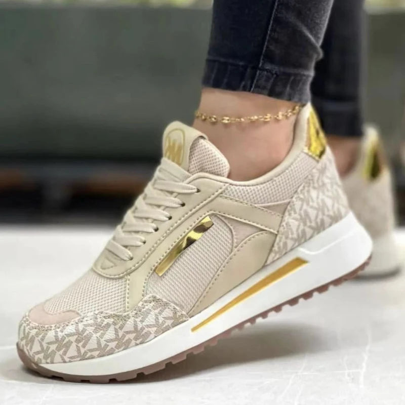 Womens Stylish Beige Sneakers With Gold Accents on Luulla