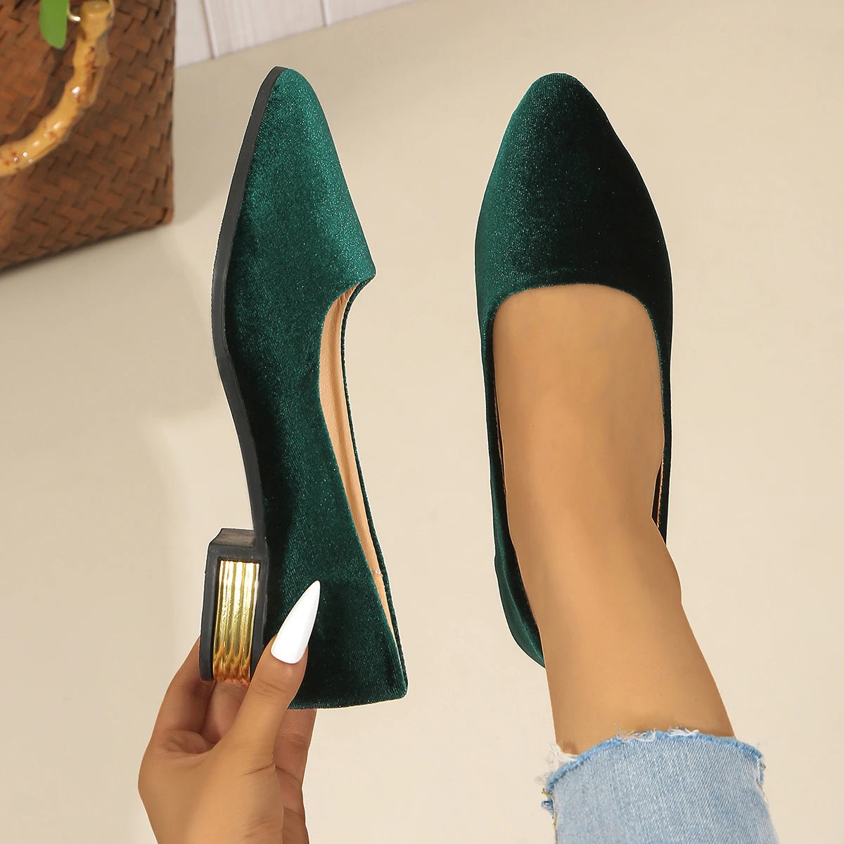 Velvet Green Slip-on Low Heel Flats Shoes
