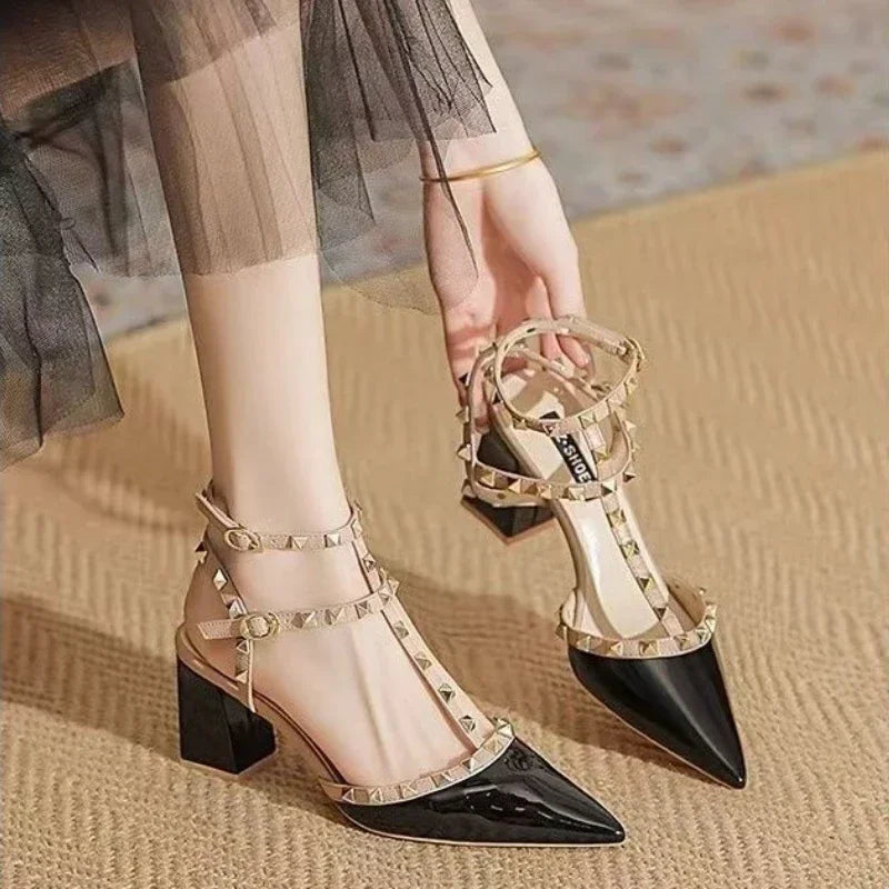 Chic Studded Pointed Toe Strappy Block Heels on Luulla