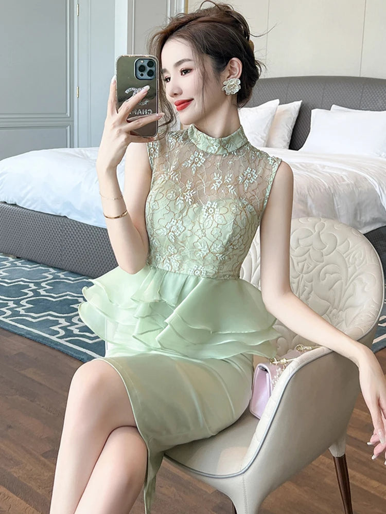 Lace Peplum Dress With Floral Sheer Top on Luulla
