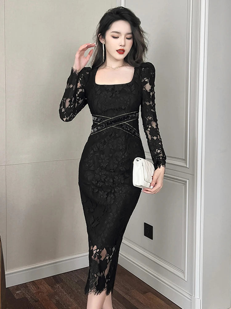 chinese dress ladies Black Cap Sleeve Lace Trim Midi Dress – Luscious Boutique main image 1