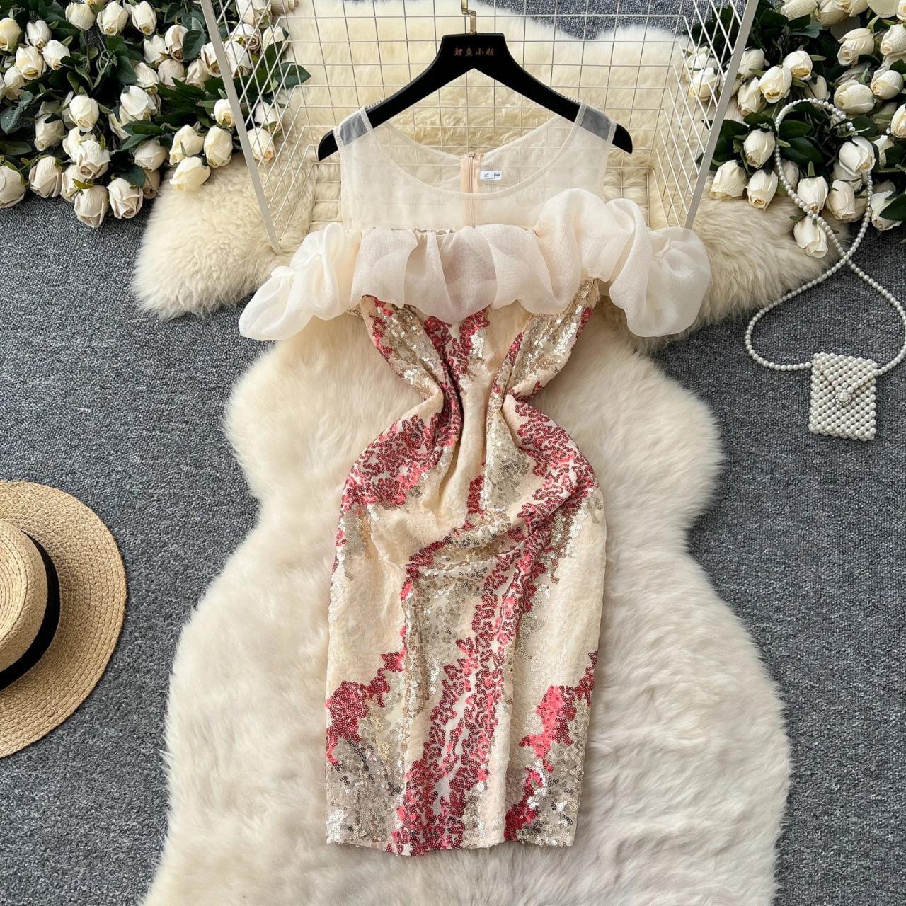 Chic Ruffled Champagne Dress With Floral Sequins on Luulla