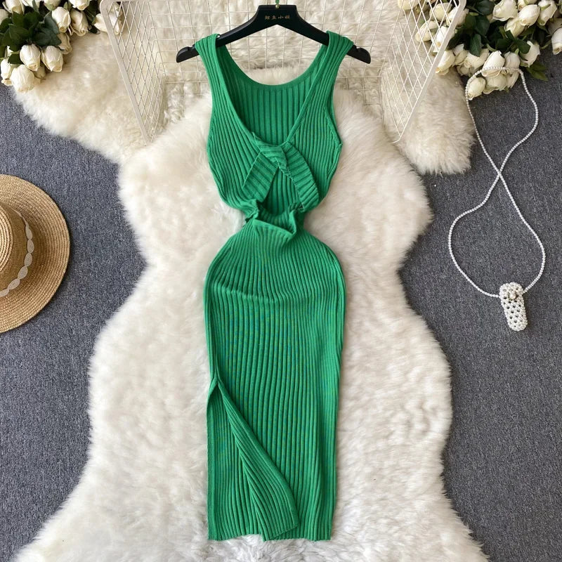 Sleeveless Green Knit Bodycon Dress With Twist