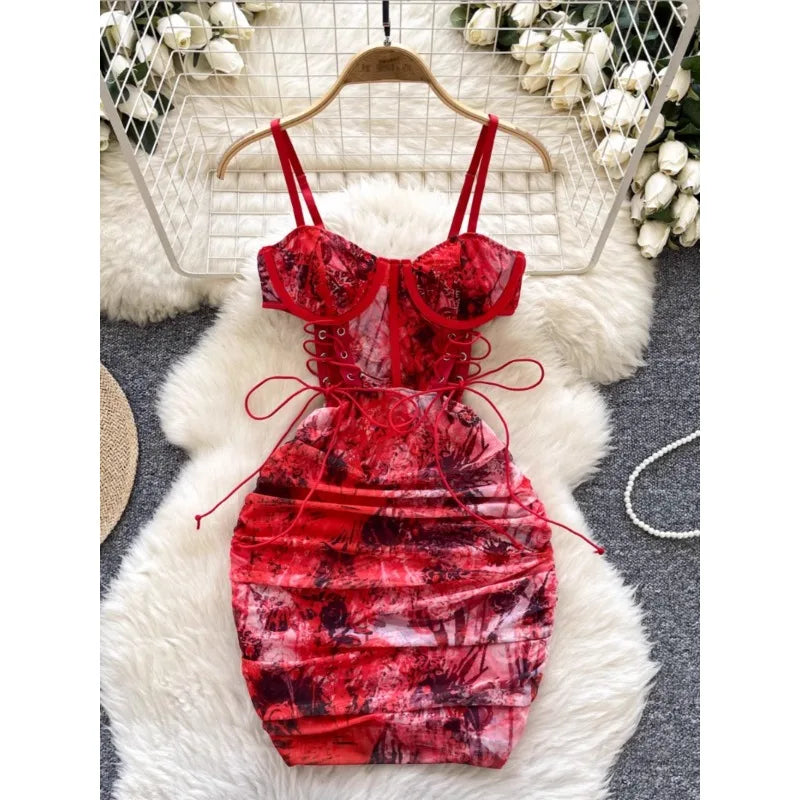 Red Lace-up Floral Bodycon Adjustable Spaghetti Strap Dress