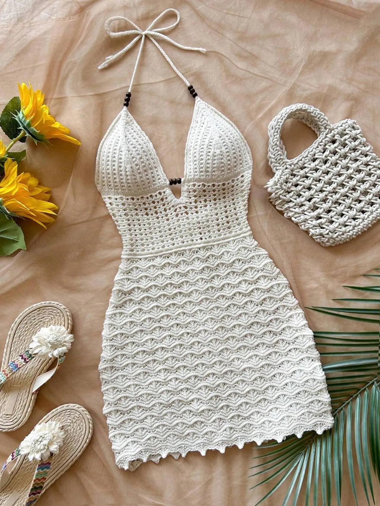 white christmas dresses Crochet Knit Rainbow Ombre Halter String Tying Scoop Neck Mini Dress –  Anna-Kaci main image 0