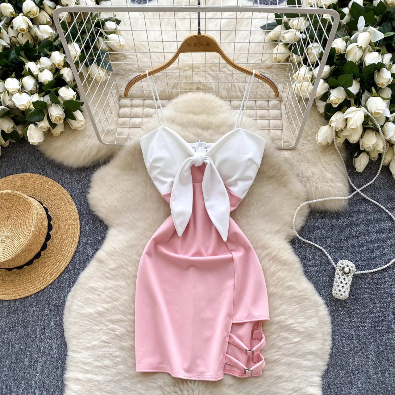Pink Dress with Bow, Adjustable Straps, Stylish Hem