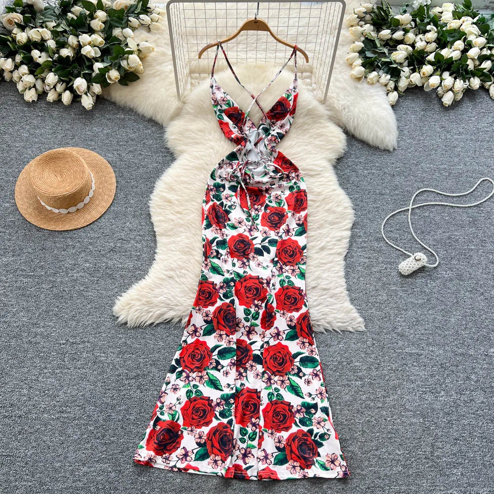 spaghetti strap backless floral dress Floral Print Sequin V-Neck Spaghetti Strap A-line Black Tie Dress