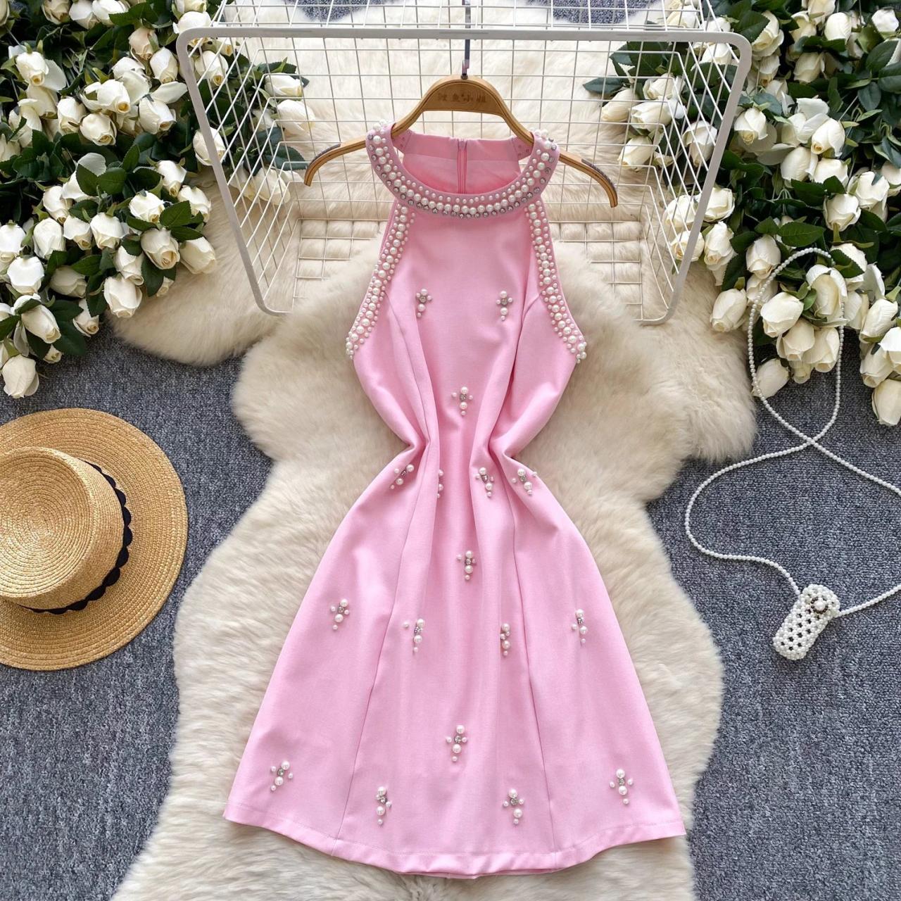 Pearl-embellished Pink Halter Neck Cocktail Dress on Luulla