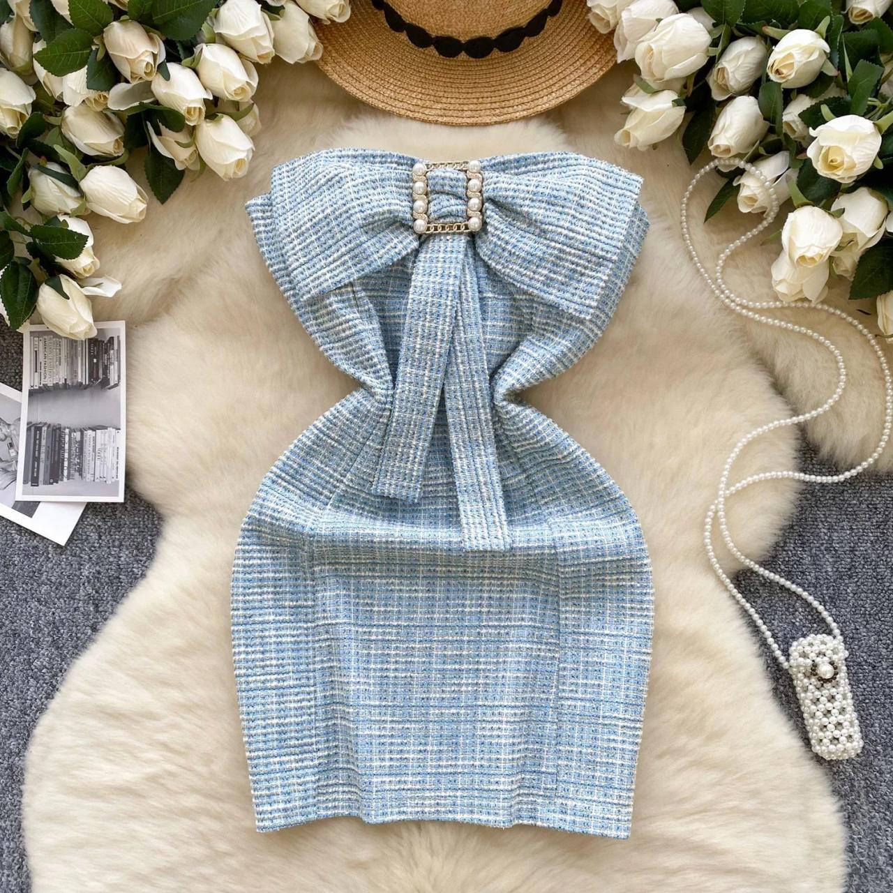 Chic Blue Tweed Pearls Bowknot Mini Dress