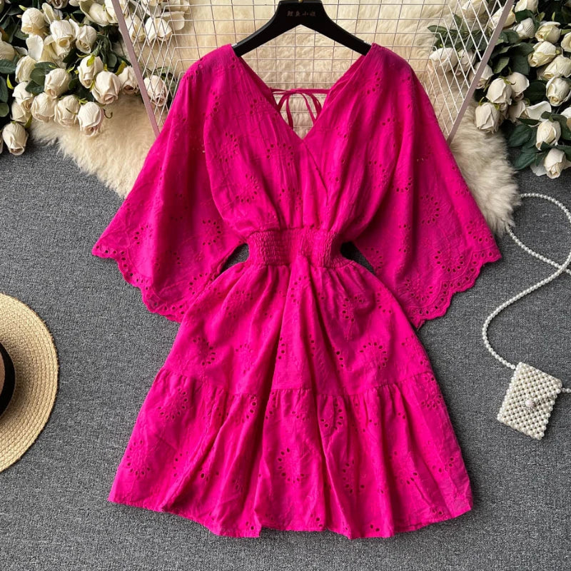 pink lace flare dress Flare Long Sleeve Halter Neck Lace Up Slit Maxi Dress, Pink / XS
