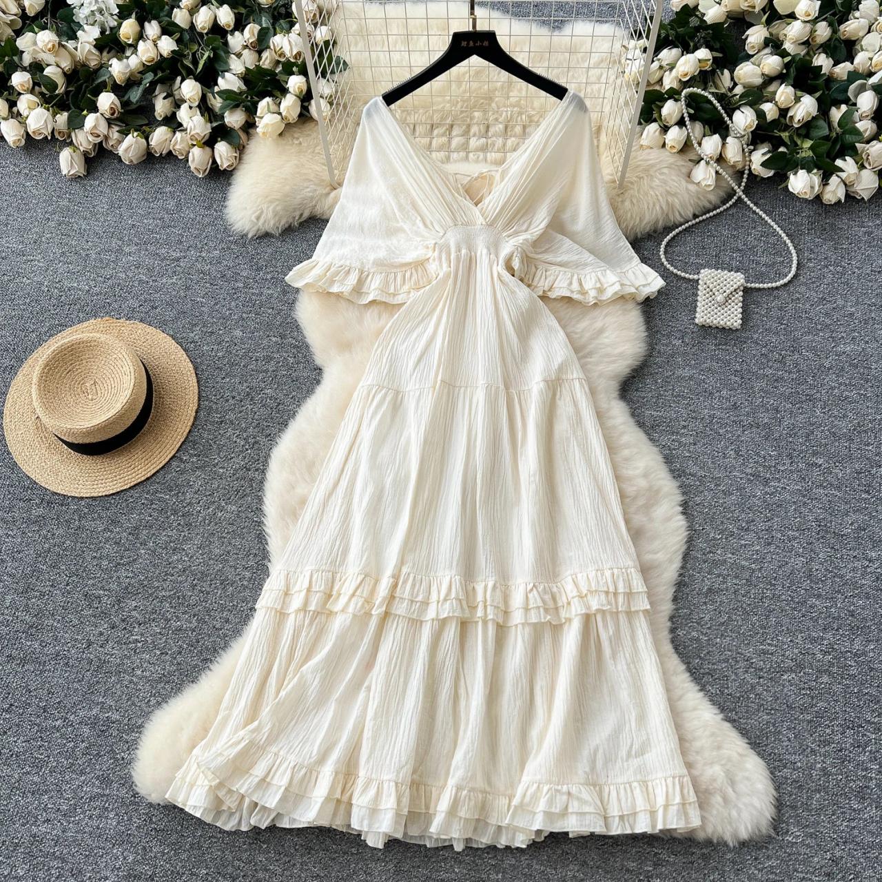 ivory bohemian maxi dress Wedtrend Women Boho Wedding Dress Ivory Lace Chiffon V-Neck Long Sleeve Bridal Dress, Ivory / US8
