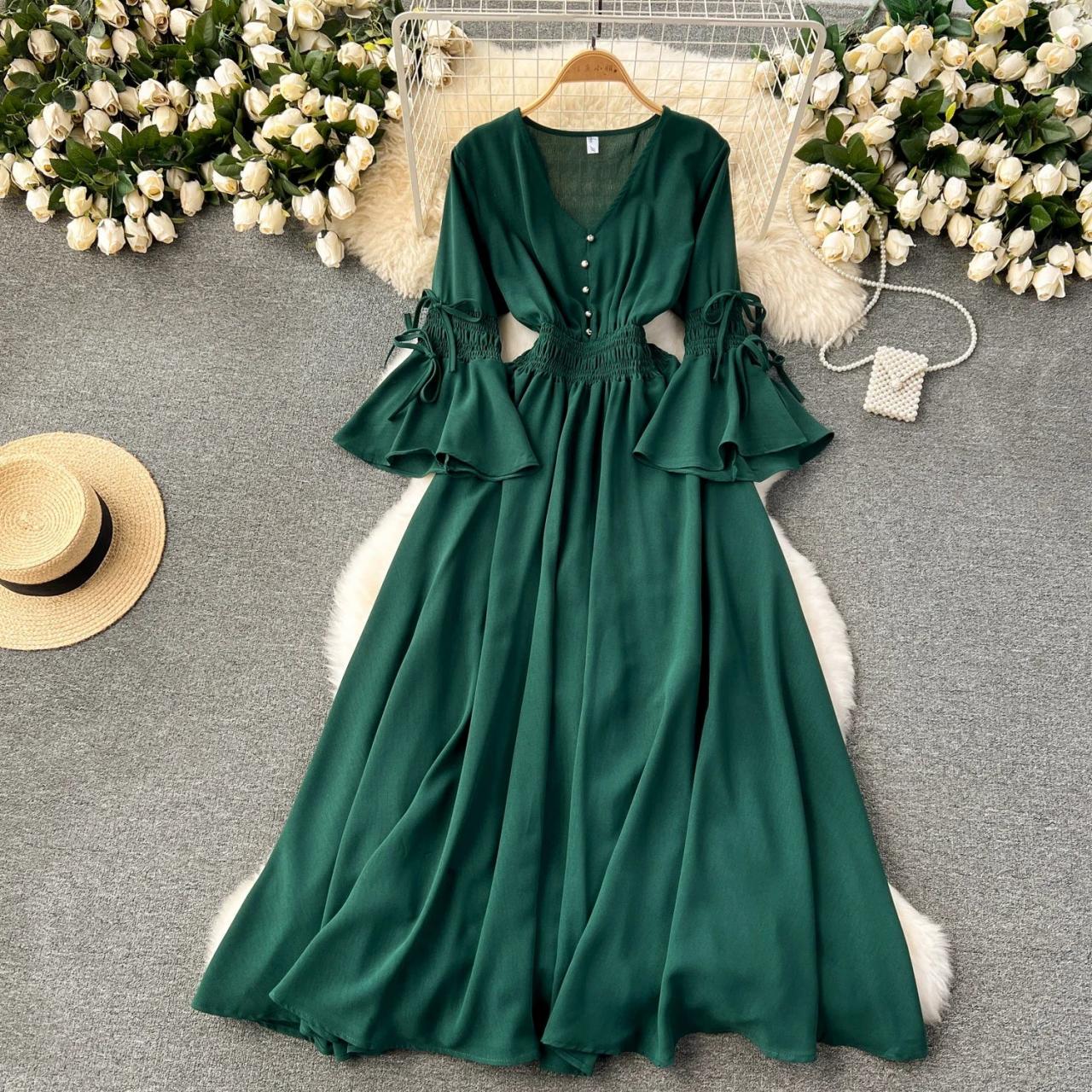 dark green boho dress Forest Green Flared Sleeve Maxi Dress Boho