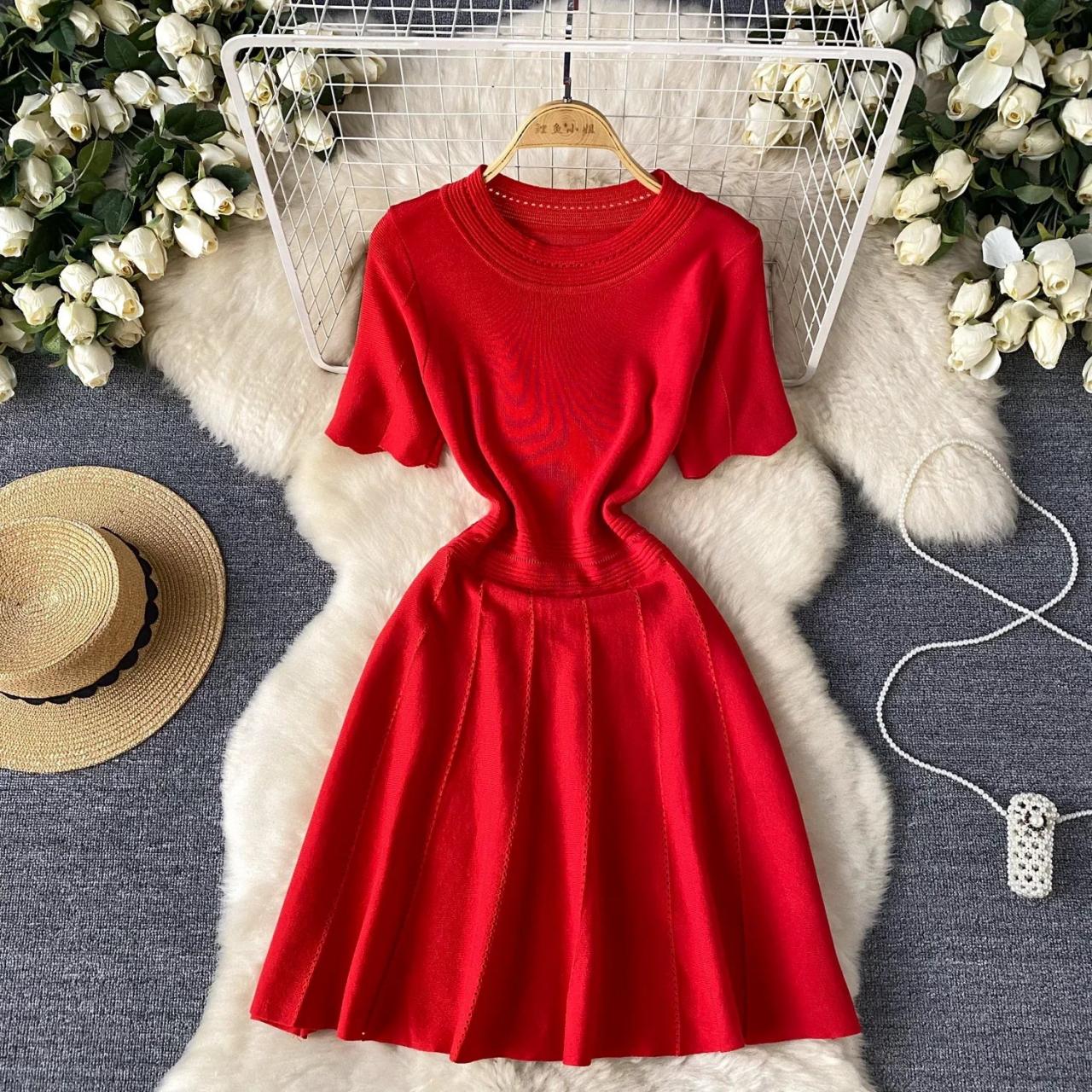 red knit skater dress Vibrant Red Skater Dress Soft Knit Fabric