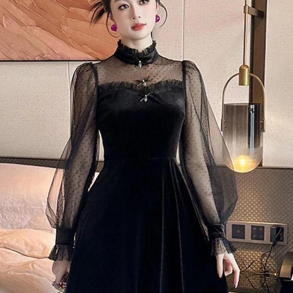 Black Velvet Dress With Sheer Long Sleeves