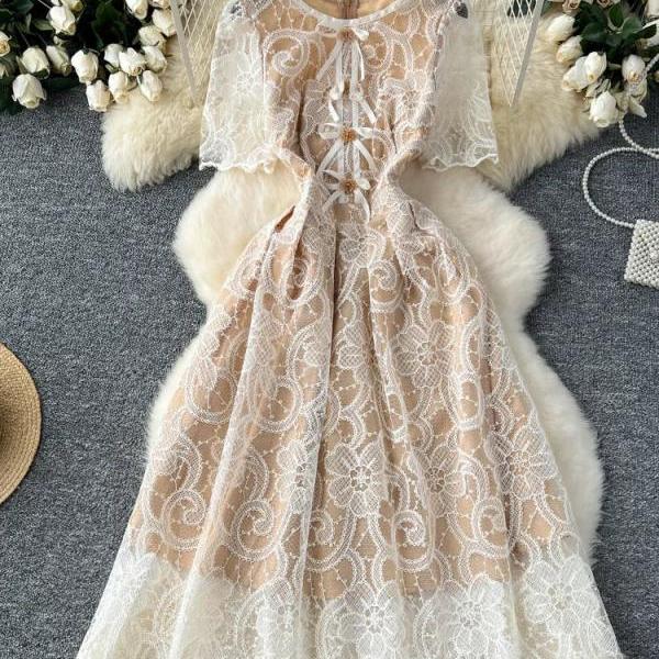 Lace Mesh Floral Midi Dress With Cape Overlay on Luulla
