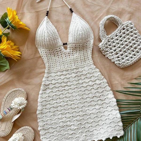 white christmas dresses Goddess Halterneck Asymmetrical Hem Crochet Midi Dress Olive– Selfie Leslie main image 1